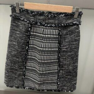 French Connection Tweed Fringe Skirt Black White Geometric Short Straight Size 4